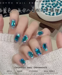 新品爆款美甲钻海蓝色湖蓝孔雀蓝倒边平底长八角钻美甲玻璃钻