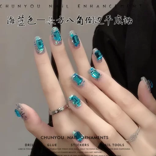新品爆款美甲钻海蓝色湖蓝孔雀蓝倒边平底长八角钻美甲玻璃钻 - Image 6